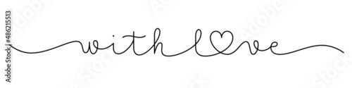WITH LOVE black vector monoline calligraphy banner with heart symbol