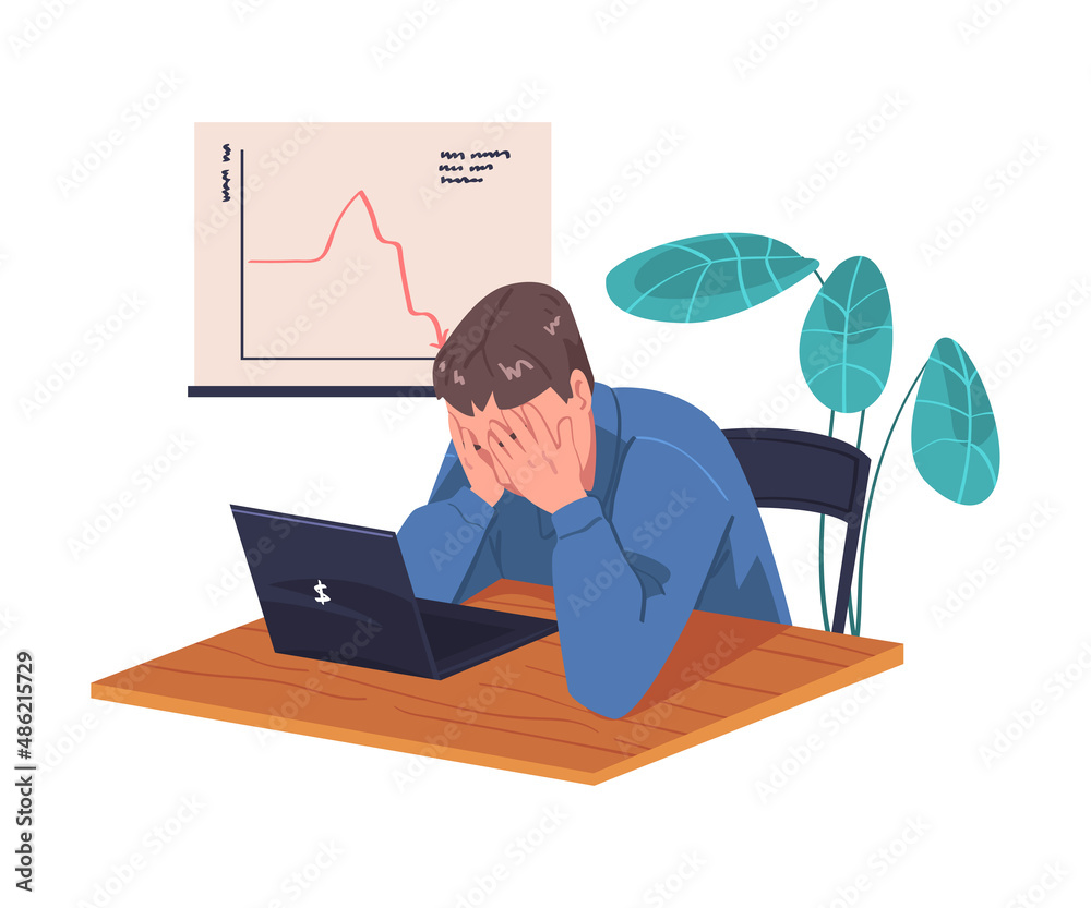 Young Busy Man Character in Stress Feeling Tired and Exhausted Sitting at Laptop Vector Illustration
