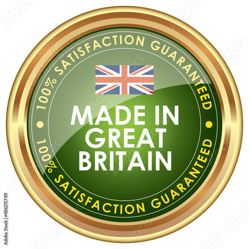 Made in Great Britain. Vector Golden Badge with United Kingdom Flag.