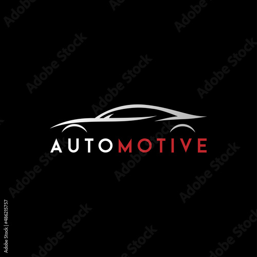Concept sports car dealership logo design. Isolated supercar silhouette on black background. Performance motor vehicle service garage brand icon. Vector illustration.
