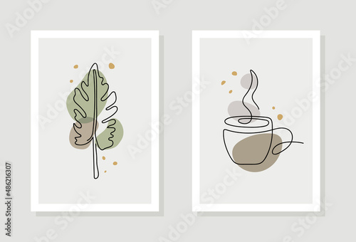 Set of trendy posters in one line style. Mug with coffee and a leaf of a plant on a beige background. Minimalism. Vector illustration.