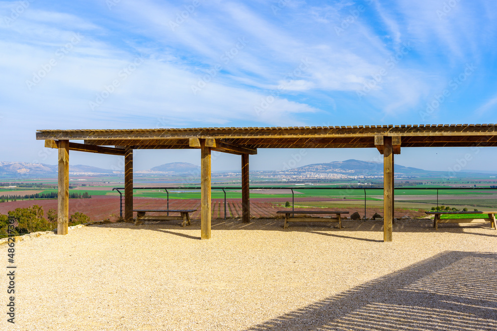 Observation deck, the Jezreel valley countryside, and Mount Tabor Observation deck, the Jezreel valley countryside, and Mount Tabor