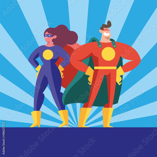couple superhero on sunburst