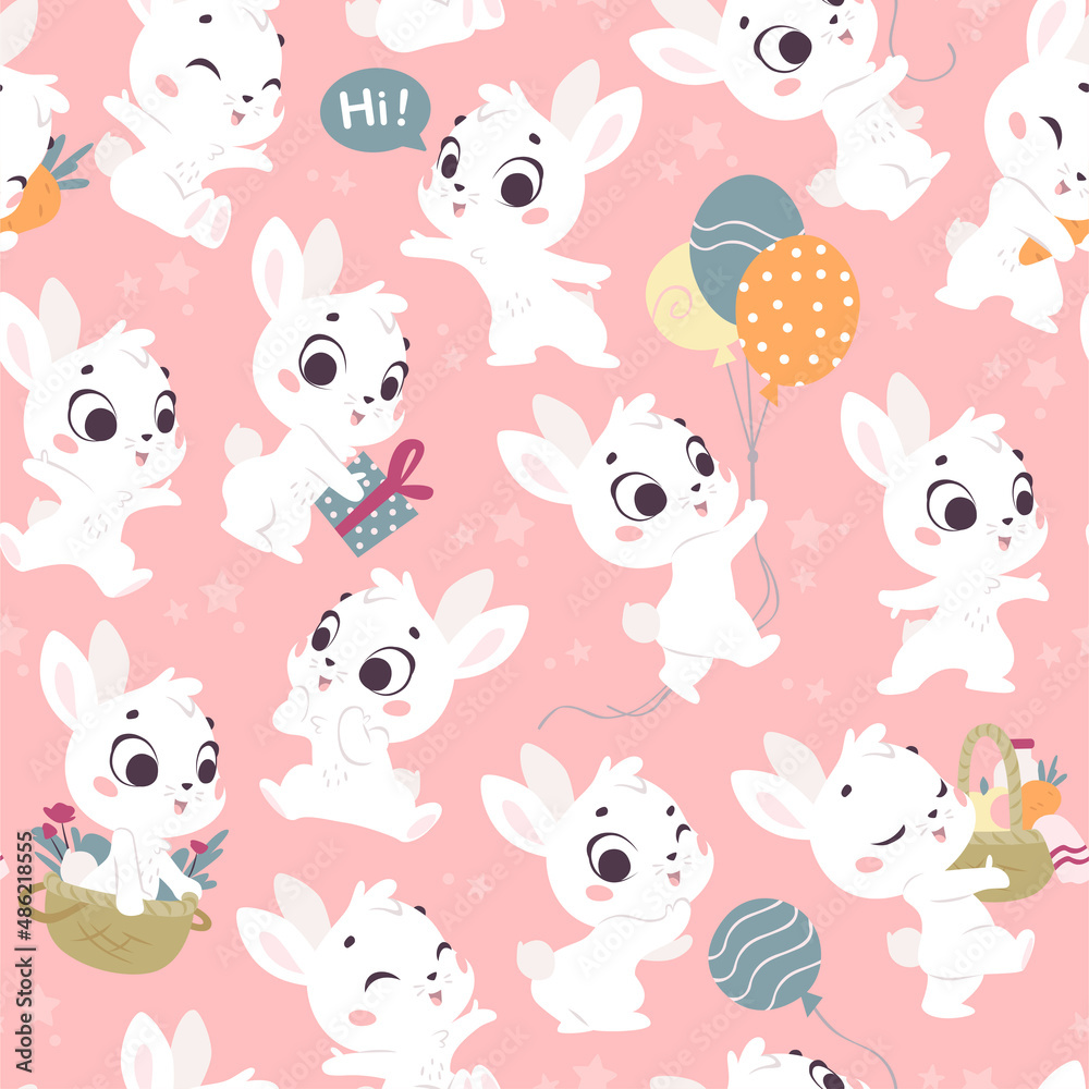 Vector seamless pattern with cute little white bunnies isolated. Nursery design, flat simple cartoon style. For banners, children cards, packaging papers, prints etc. Vector seamless pattern with cute little white bunnies isolated. Nursery design, flat simple cartoon style. For banners, children cards, packaging papers, prints etc.