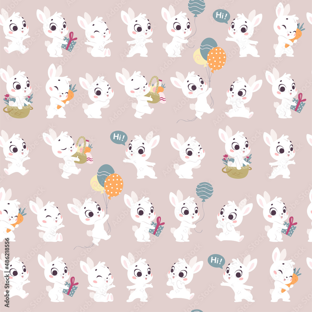 Vector seamless pattern with cute little white bunnies isolated. Nursery design, flat simple cartoon style. For banners, children cards, packaging papers, prints etc. Vector seamless pattern with cute little white bunnies isolated. Nursery design, flat simple cartoon style. For banners, children cards, packaging papers, prints etc.
