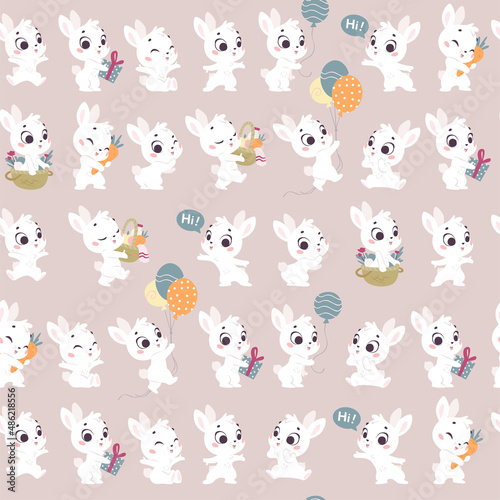 Vector seamless pattern with cute little white bunnies isolated. Nursery design, flat simple cartoon style. For banners, children cards, packaging papers, prints etc.