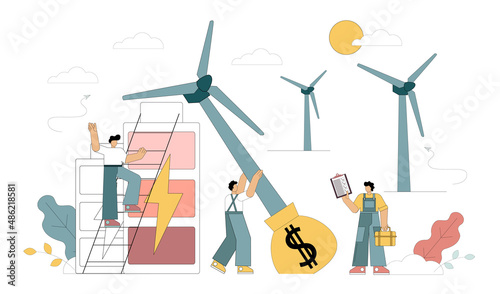 Installation of wind turbines. Financial benefit of energy production. Energy storage system