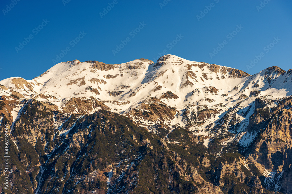 Mountain Range of Monte Carega also called the small Dolomites, view from Lessinia Plateau. Bosco Chiesanuova municipality, Verona province, Veneto and Trentino Alto Adige, Italy, southern Europe.