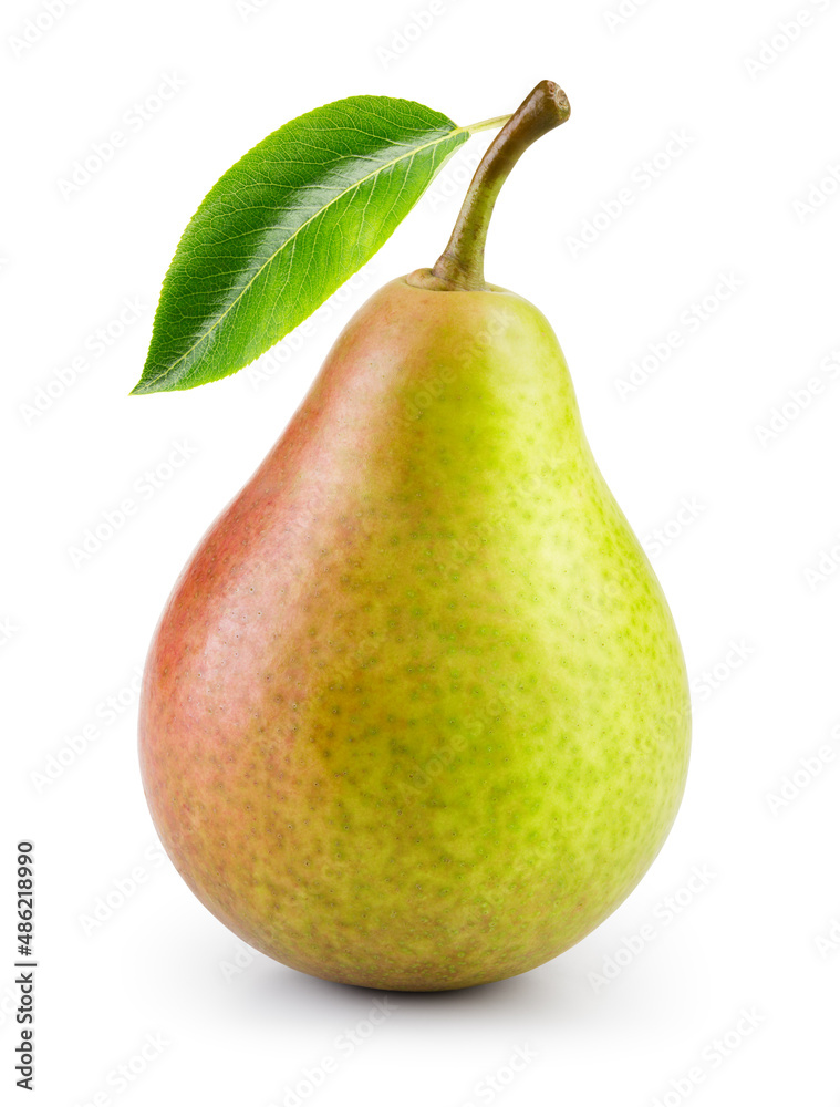 Pear isolated. One green pear with red side on white background. Green pear with leaf. With clipping path. Full depth of field. Pear isolated. One green pear with red side on white background. Green pear with leaf. With clipping path. Full depth of field.