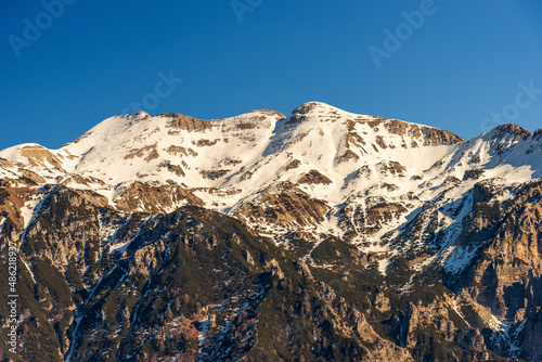 Mountain Range of Monte Carega also called the small Dolomites, view from Lessinia Plateau. Bosco Chiesanuova municipality, Verona province, Veneto and Trentino Alto Adige, Italy, southern Europe.
