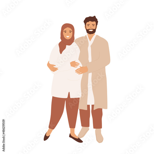 Muslim family. Pregnant woman in hijab hugging with man. Happy couple waiting for a newborn baby. Saudi parents. Vector illustration.