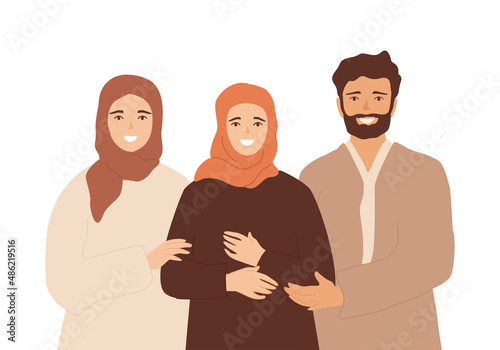 Muslim family portrait. Arab parents are hugging their daughter. Happy people, women in hijab, bearded man. Vector illustration.