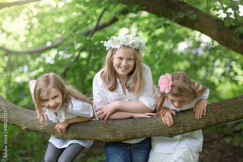 Three teenage girls in white blouses are laughing and playing, hanging on a large tree branch.  Children's fun in nature in summer, holidays, happy childhood concept