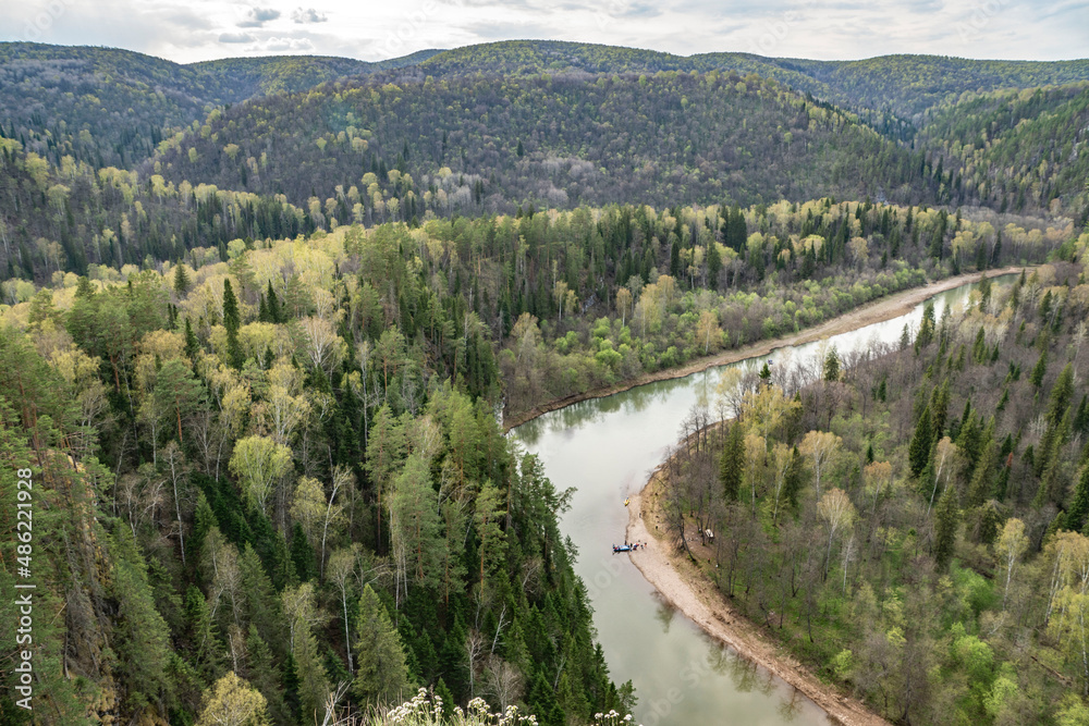 Ural, Bashkiria, mountains, Mambet rock, height 150 m, Zilim river, nature, landscape, spring, distance, expanse, heaven, forest, trees, fir trees, cloudy day, hiking, rafting, vacation, observations