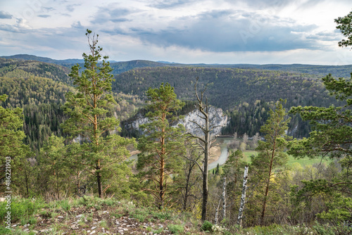 Ural, Bashkiria, mountains, Mambet rock, height 150 m, Zilim river, nature, landscape, spring, distance, expanse, heaven, forest, trees, fir trees, cloudy day, hiking, rafting, vacation, observations