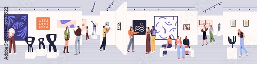 People at Art gallery exhibition. Young museum visitors, men and women, walking, looking abstract paintings, modern pictures, contemporary sculptures of exposition, panorama. Flat vector illustration