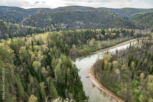 Ural, Bashkiria, mountains, Mambet rock, height 150 m, Zilim river, nature, landscape, spring, distance, expanse, heaven, forest, trees, fir trees, cloudy day, hiking, rafting, vacation, observations