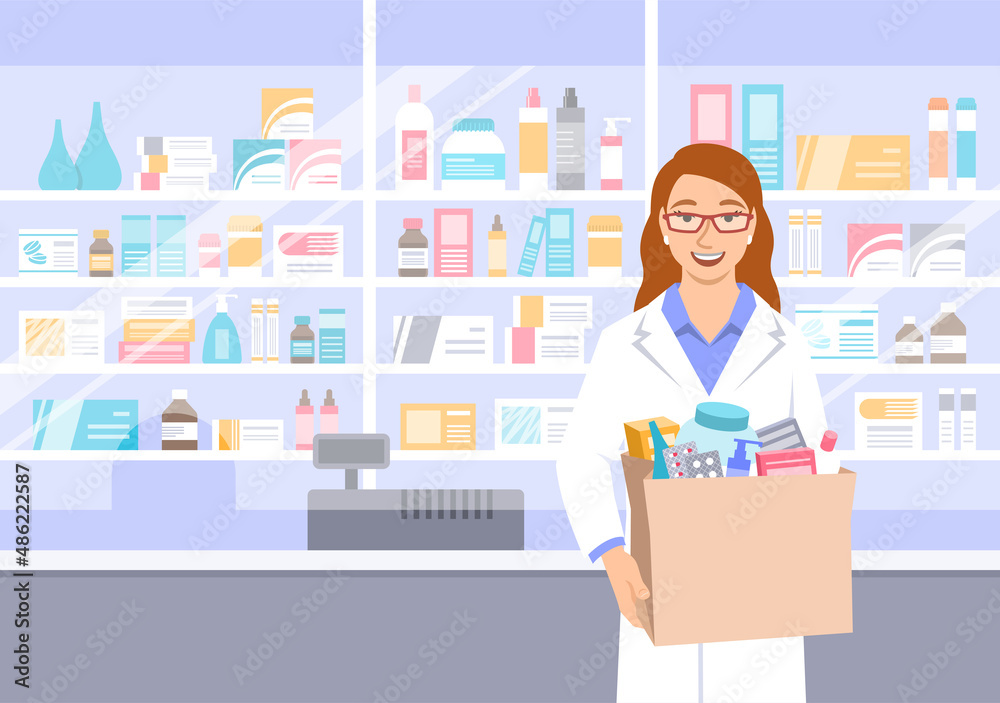 Young woman pharmacist in white coat stands in front of shelves with medicines in drugstore holding paper bag with drugs bought in a pharmacy. Female dispensary seller gives the order to the buyer