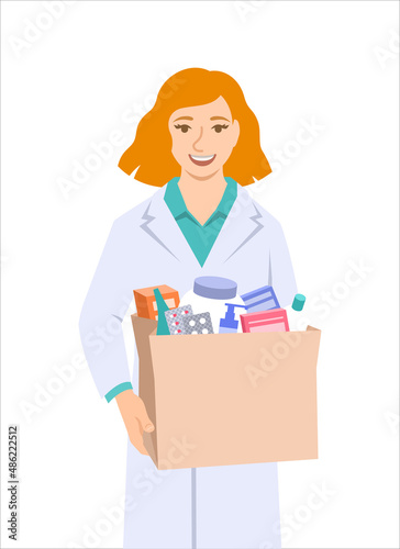 Young woman pharmacist in white coat holding paper bag with medicines and other goods bought in a pharmacy. Female drugstore seller gives the order to the buyer. Drugstore worker isolated on white
