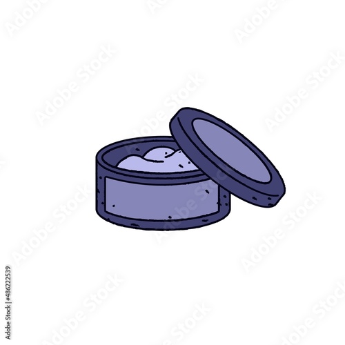 Vaseline jelly jar icon. Tattoo oil in plastic container with open lid. Petrolatum gel, liquid, cream in cosmetic package. Hand-drawn vector illustration isolated on white background