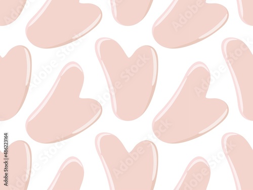 Seamless pattern with Gua sha stones. Facial gua sha massage tools. Korean skin care, type of massage. Natural rose quartz Stone Scraper. Repeated vector for wallpaper, wrapping, textile, packaging.