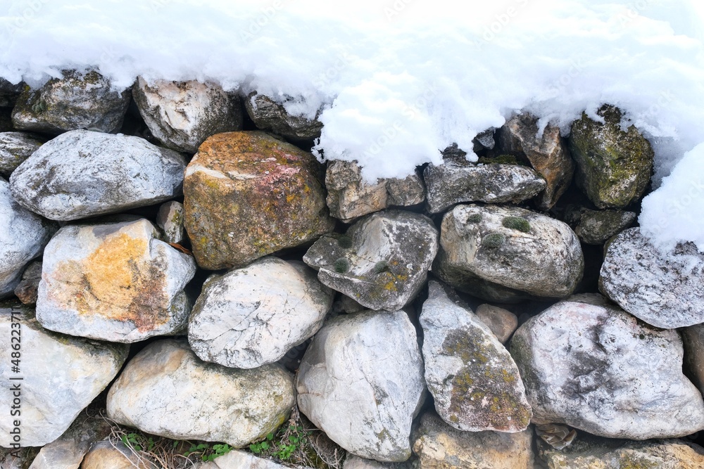 Snowy wall. Snow falling on the wall. Snowy wall. Snow falling on the wall.