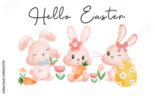 Three cute Easter pink Rabbit Bunnies with Easter egg, flowers and carrots, cartoon watercolor hand drawing illustration © Natsicha