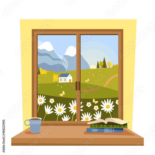 Rural morning. Window to nature. View from the window to the green flowering meadows. Valley landscape. Vector illustration. Welcome to the real world.
