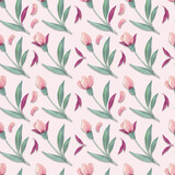 Watercolor seamless pattern with tulips, leaves and petals. Design for wrapping paper, wallpaper, textile, backdrop and other. Watercolor spring floral design.