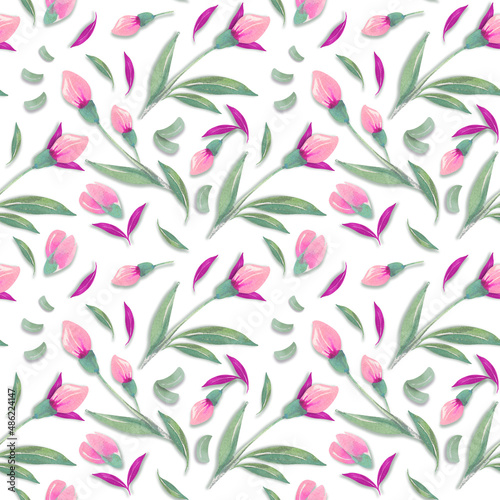 Watercolor seamless floral pattern with flowers, leaves and petals. Watercolor spring floral background. Design for wrapping paper, wallpaper, textile, backdrop and other.