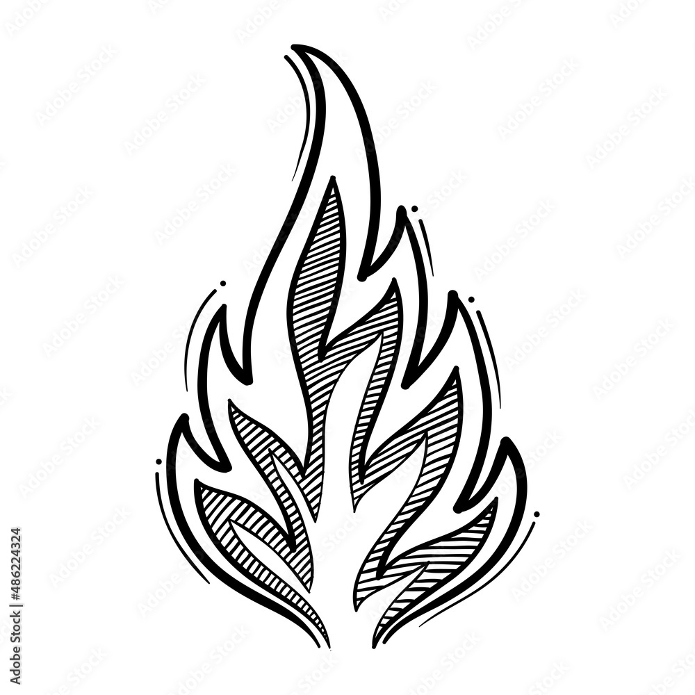 Hand drawn fire icons. Fire Flames Icons Vector Set. Hand Drawn Doodle Sketch Fire, Black and White Drawing. Simple fire symbol.