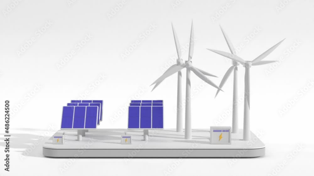 Wind Panel Animation Wind turbines, solar panels and battery bank isolated on white ...