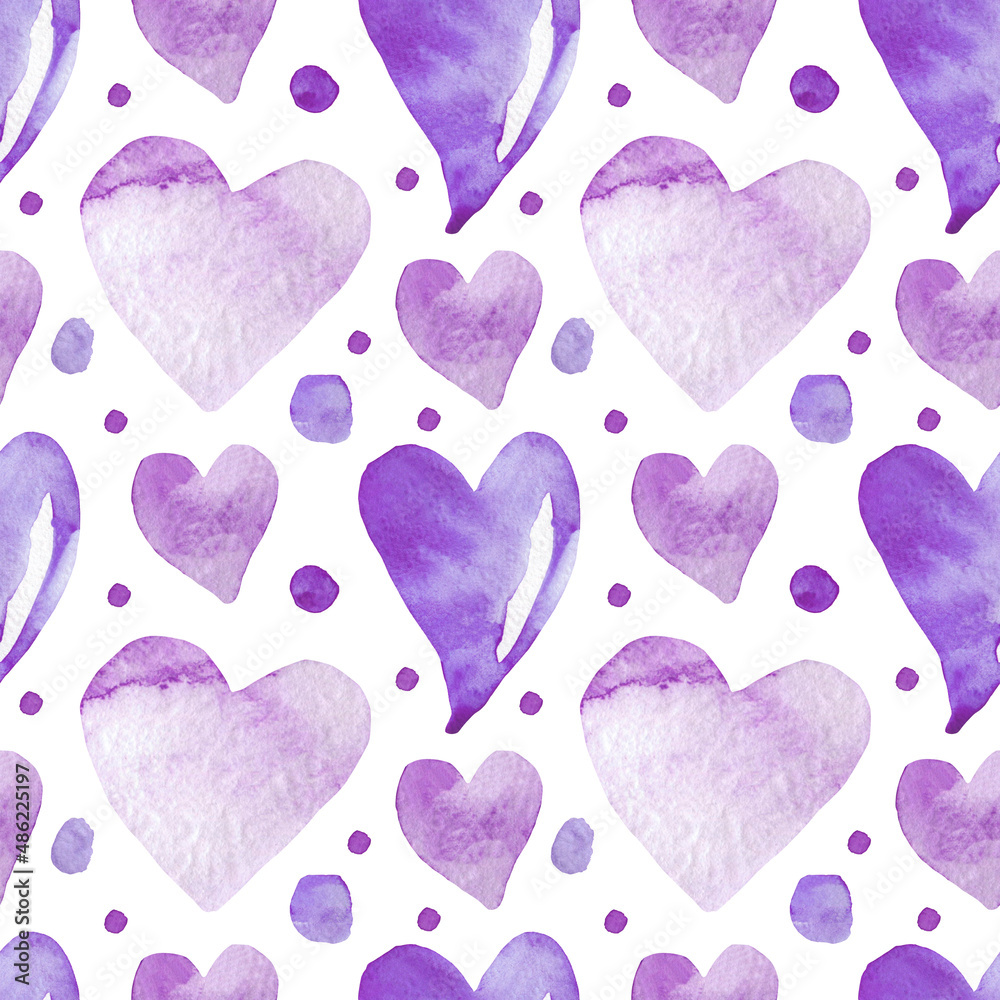 Watercolor seamless Valentine's Day pattern in lilac on white isolated background.Spring,abstract,hand painted floral print.Designs for scrapbooking,packaging,wrapping paper,textiles,fabric.