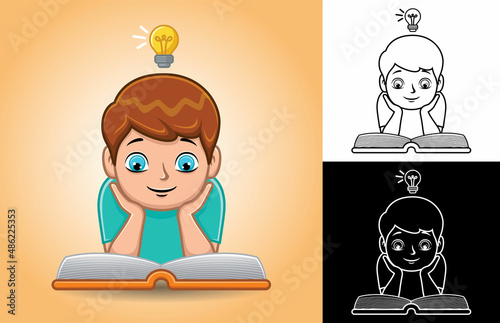 Cartoon boy is reading book with bulb on his head