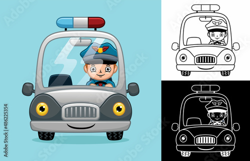 Cartoon little policeman on patrol car