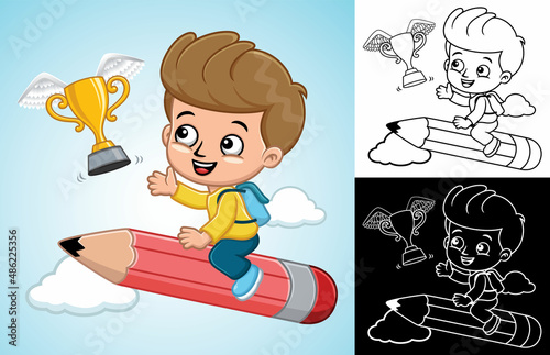 Cartoon little boy on flying big pencil chasing golden trophy