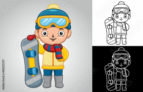 Cartoon little boy in winter coat with snowboard