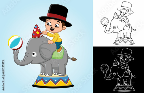 Cartoon little boy ride on funny elephant in circus show