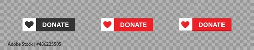 Donate red button with heart icon. Isolated web buttons, flat vector