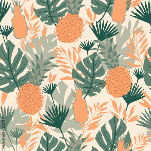 Seamless pattern with tropical spirit. Jungle leaves and palms. Ideal for wallpaper or wrapping paper.