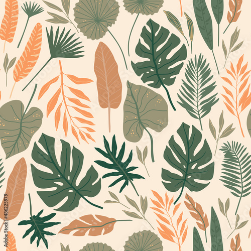 Seamless pattern with tropical spirit. Jungle leaves and palms. Ideal for wallpaper or wrapping paper.
