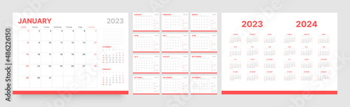 Monthly calendar template for 2023 year. Week Starts on Sunday. Wall calendar in a minimalist style.