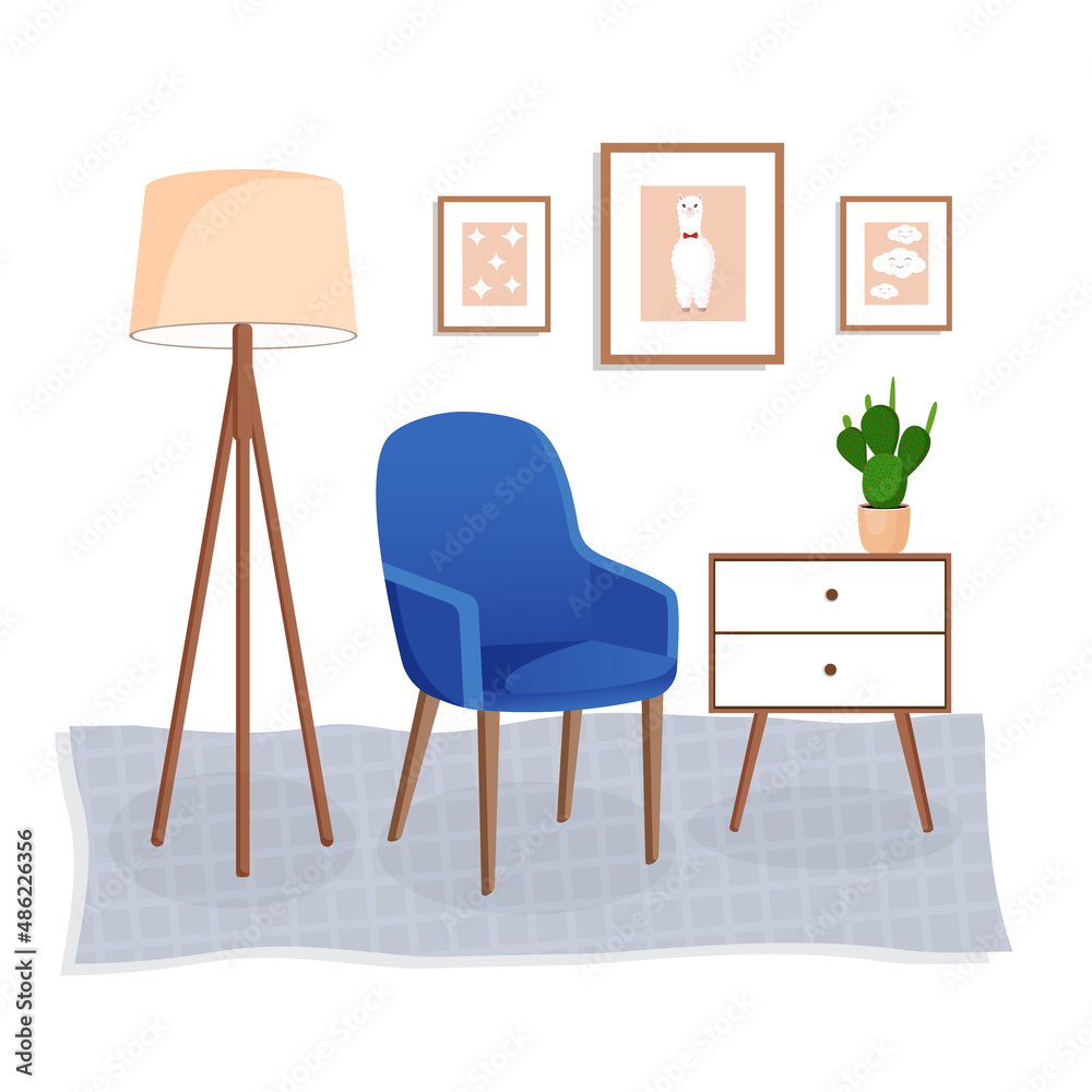 Fototapeta premium Cute interior with modern furniture and plants. Design of a cozy living room with soft chair, carpet, house plant, pictures and lamp. Vector flat style illustration.
