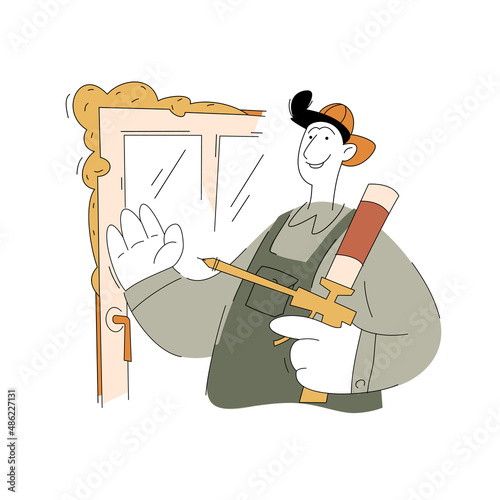 A construction worker character. Handyman, window installer. Vector illustration of a flat style isolated on a white background.