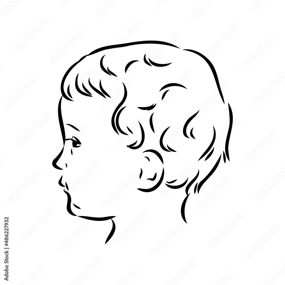 Hand drawn little kid portrait in profile, Vector sketch isolated on white background, Line art illustration