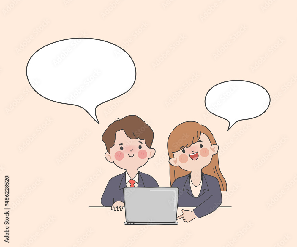 Hand drawn business people discussing work looking at laptop screen clipart gesture character. Hand drawn business people discussing work looking at laptop screen clipart gesture character.