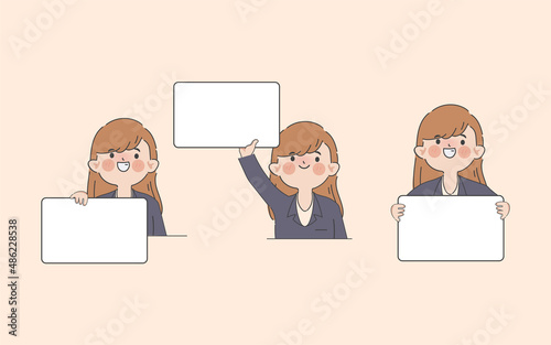 Hand drawn businesswoman holding a white placard clipart gesture character.