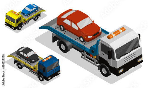 Isometric vehicle for evacuation of broken cars. Tow truck for transporting to car impound. Realistic 3D vector isolated on white background