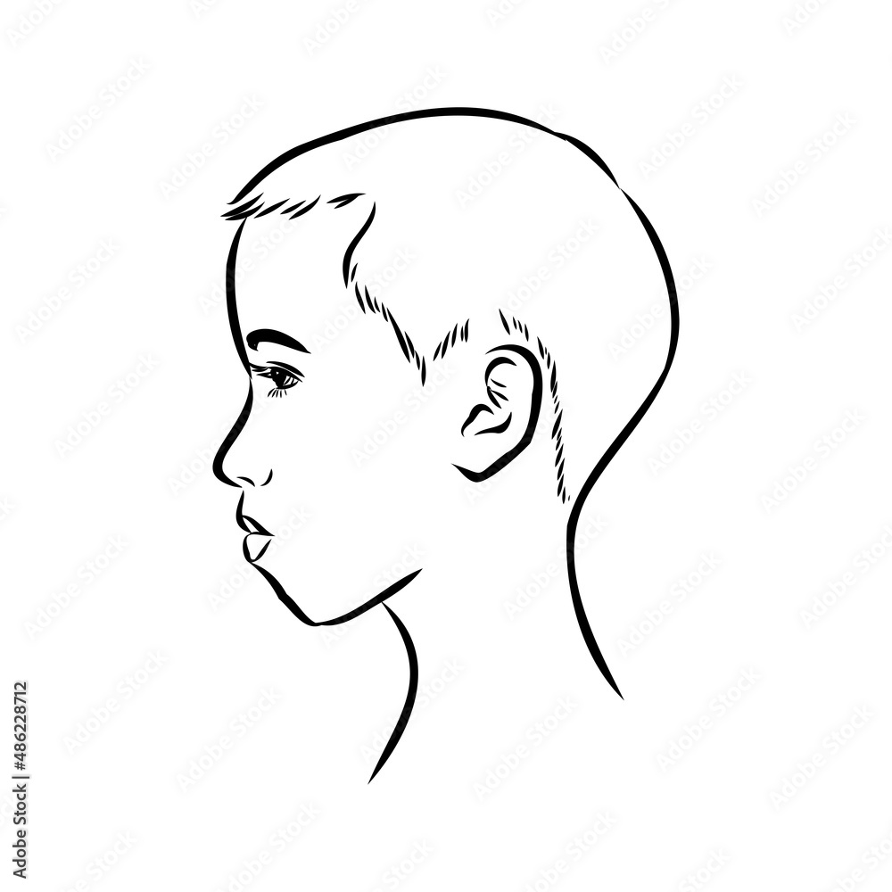 Hand drawn little kid portrait in profile, Vector sketch isolated on white background, Line art illustration