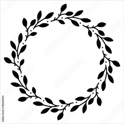 Vector hand drawn spring wreath isolated on white background. Outline circle of leaves. Doodle style. Floral frame.